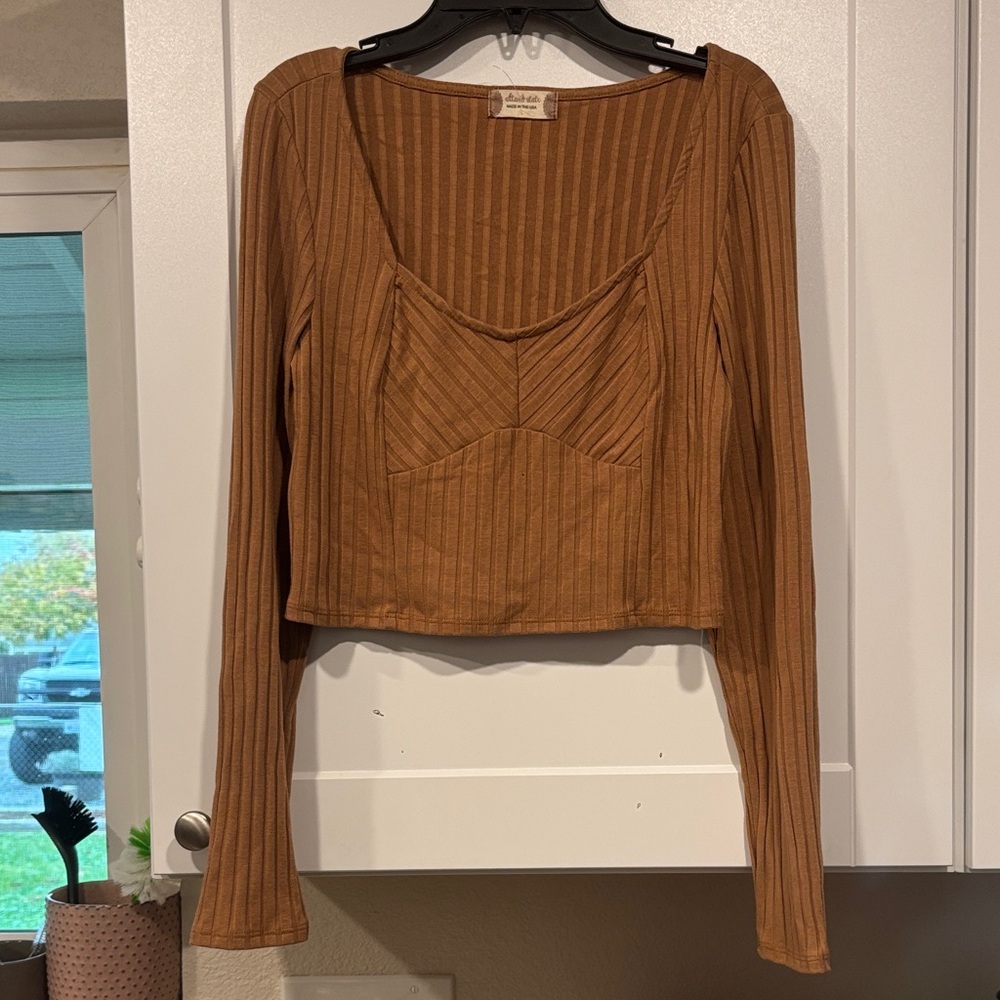 Altar’d State Large Brown Crop Top Shirt Casual Holidays Long Sleeve Ribbed Sexy